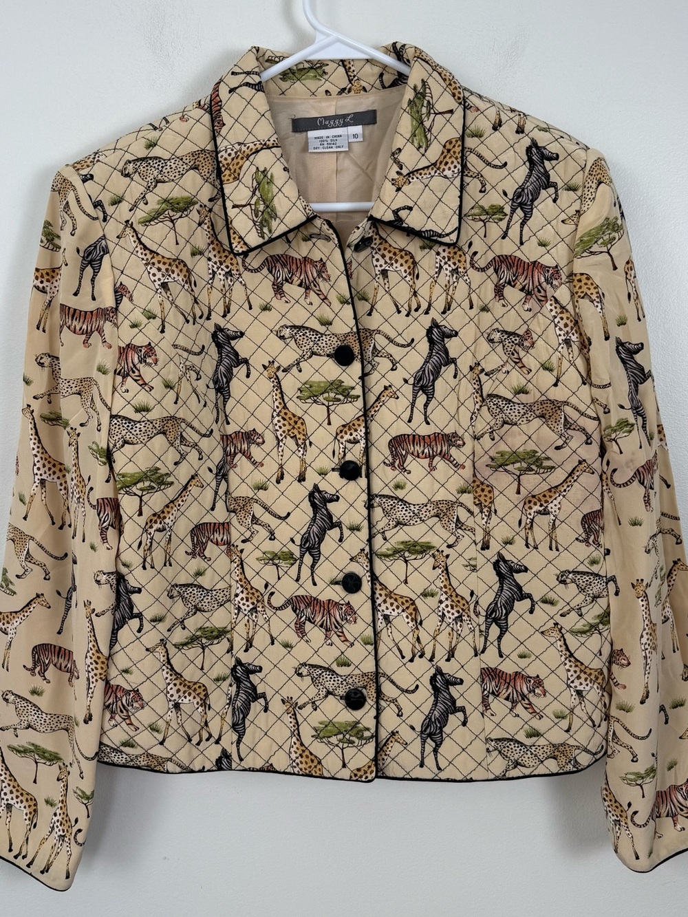 90’s Maggie London 100% SILK Quilted Safari-Print Jacket Size 10